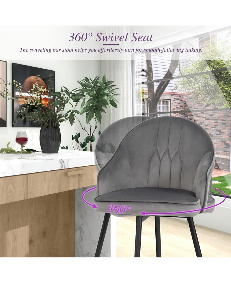 Gymax Set of 4 Velvet Bar Stools Swivel Pub Height Dining Chairs w/ Metal Legs Gray