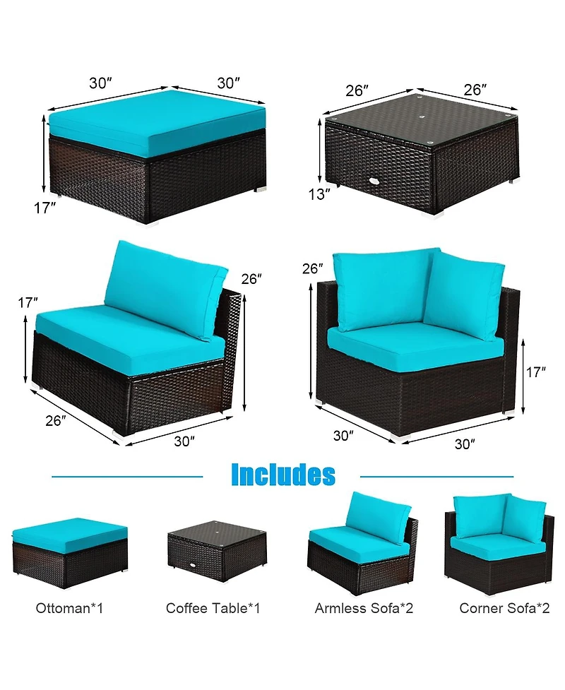 6 Pieces Outdoor Patio Rattan Furniture Set Sofa Ottoman