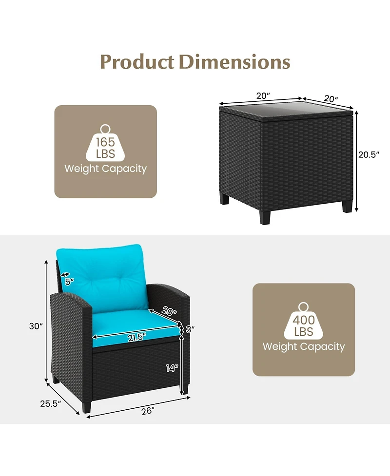 Gouun 3 Pieces Patio Furniture Set with Tempered Glass Table