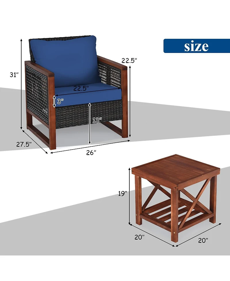 3 Pieces Patio Wicker Furniture Set with Acacia Wood Table and Washable Cushion