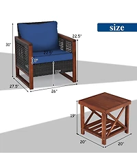 3 Pieces Patio Wicker Furniture Set with Acacia Wood Table and Washable Cushion