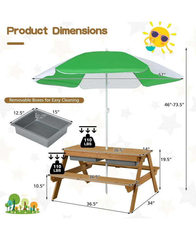 Gouun 3-in-1 Kids Outdoor Picnic Water Sand Table with Umbrella Play Boxes