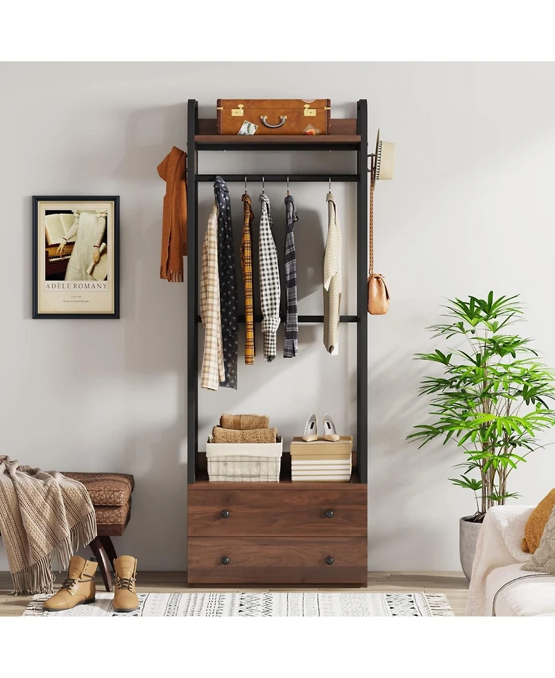 Tribesigns Freestanding Closet Organizer Small Clothes Rack with Drawers and Shelves, Heavy Duty Coat Rack Small Garment Rack Industrial Hall Tree for