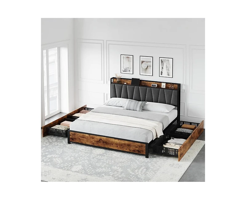 gaomon King Size Bed Frame with Storage Linen Upholstered Headboard, 4 Drawers Platform Bed Frame with Charging Station, No Box Spring Needed