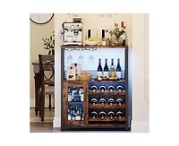 gaomon 3-Tier Wine Bar Cabinet with Led Lights, Detachable Wine Rack and Storage Space, Buffet Cabinet with Glass Holder and Mesh Door, for Kitchen, L