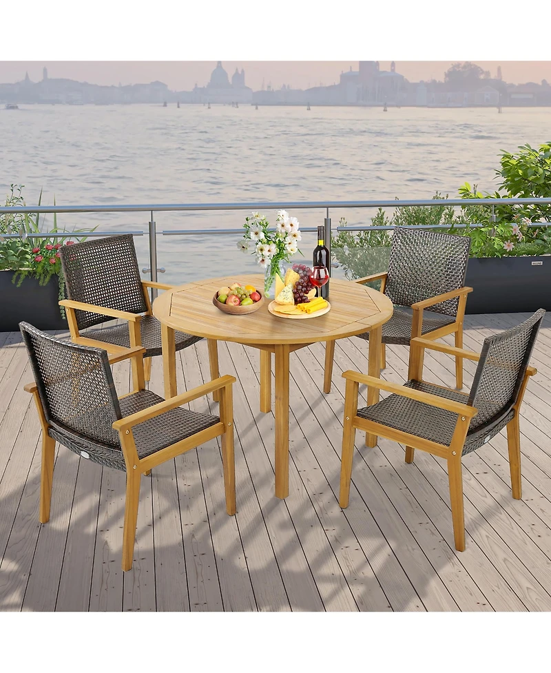Gymax Outdoor Rattan Chair Set of 4 Patio Pe Wicker Dining Chairs w/ Sturdy Acacia Wood Frame