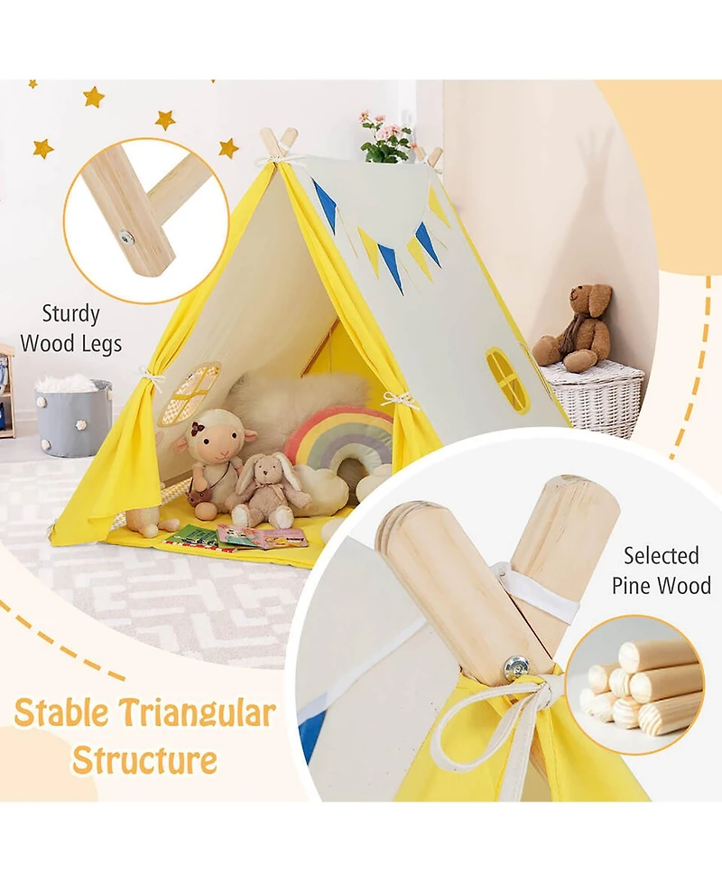 Gymax Kids Play Tent Triangular Kids & Toddlers Tent with Solid Wood Frame
