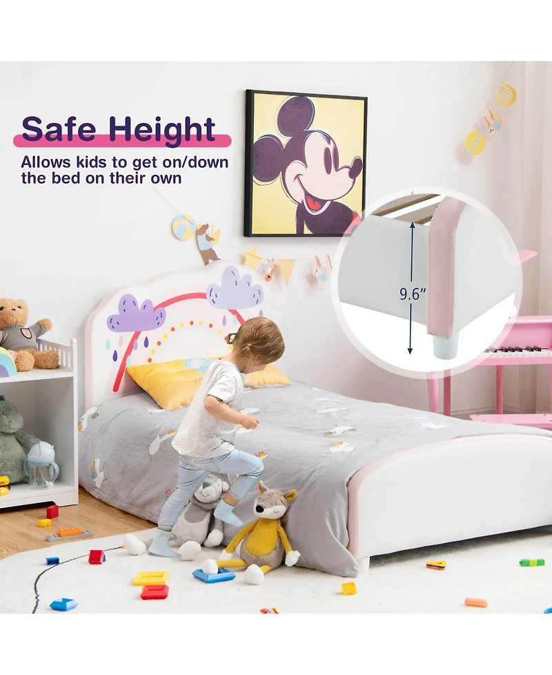 Gouun Kids Twin Size Upholstered Platform Wooden Bed with Rainbow Pattern