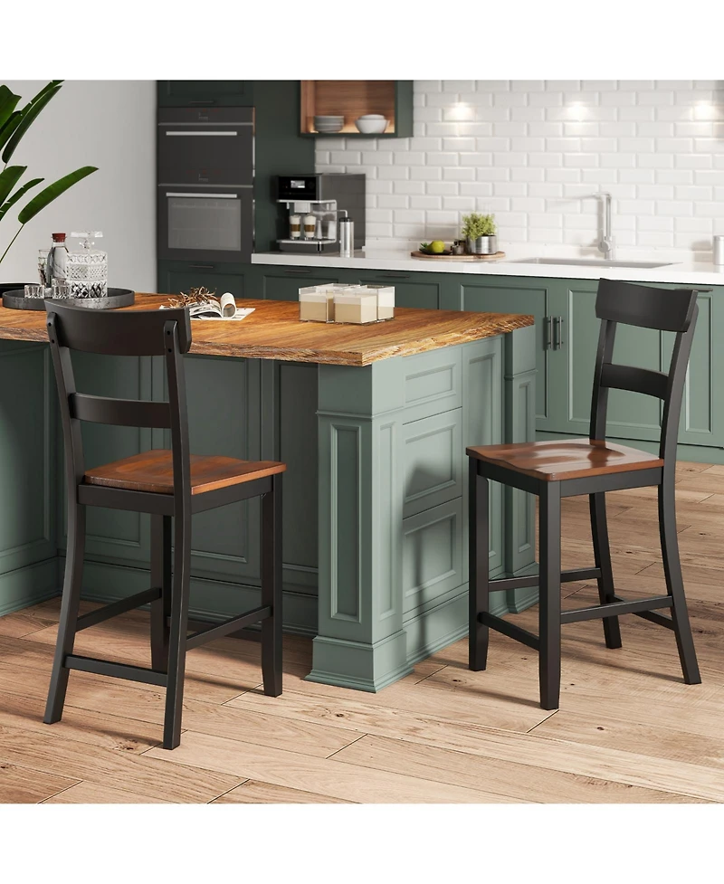 Farmhouse Dining Bar Stool Set of 2 with Solid Rubber Wood Frame