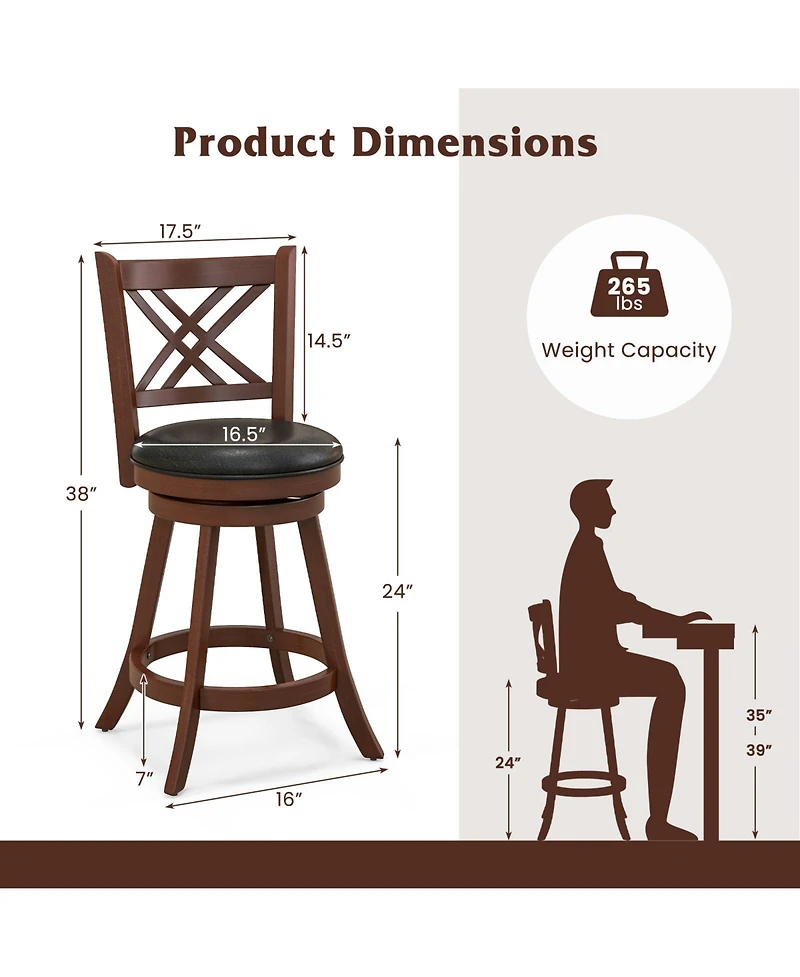 360° Swivel Upholstered Barstools Set of 2 with Back and Footrest-24 inches