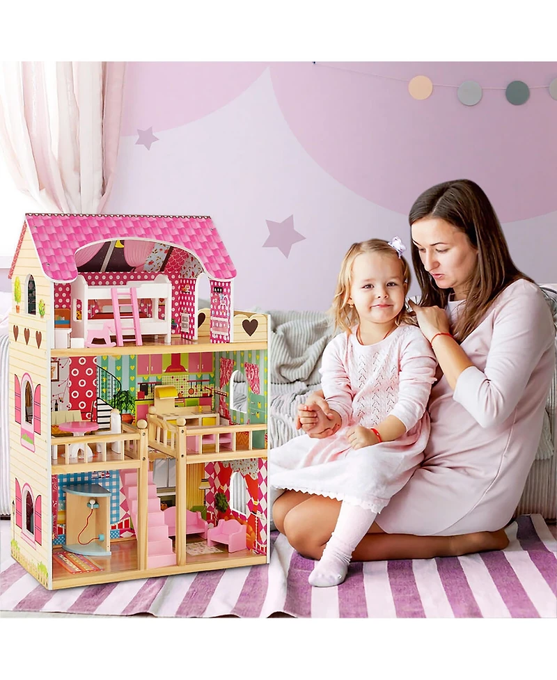 Gymax Kids Wooden Dollhouse Toddler Diy Pretend Playhouse w/ 15 Furniture Accessories