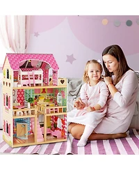 Gymax Kids Wooden Dollhouse Toddler Diy Pretend Playhouse w/ 15 Furniture Accessories
