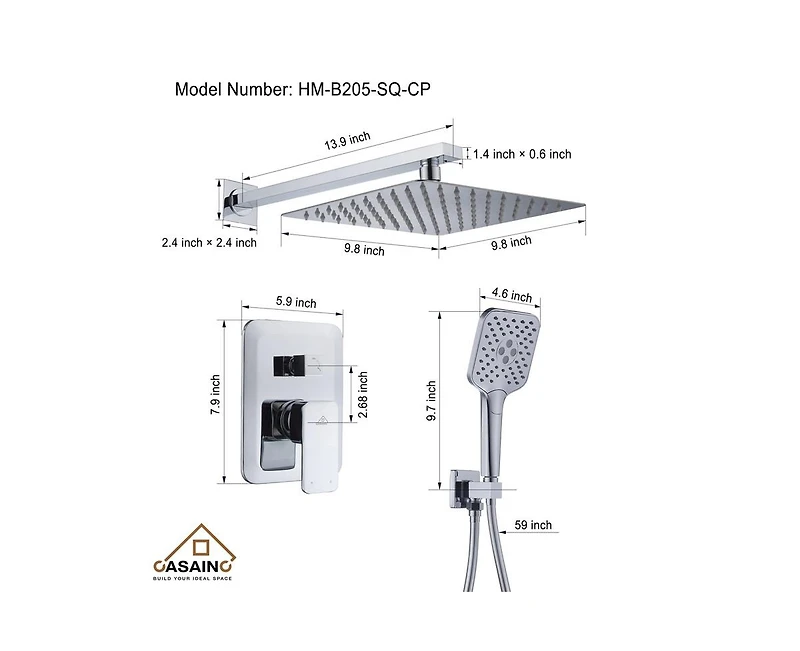 Casainc 10 Inch Wall Mounted Square Shower System Set with Handheld Spray
