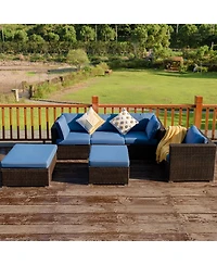 6 Pcs Patio Rattan Furniture Set with Sectional Cushion