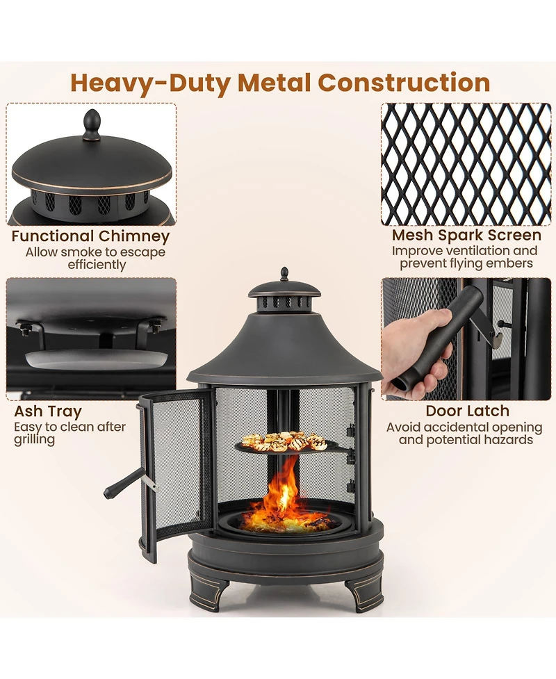 Gouun 30 Inch Outdoor Fire Pit Chiminea with Grill for Garden Bbq