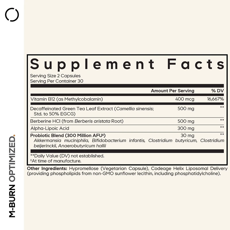 Codeage M-Burn Optimized Supplement - Decaffeinated Green Tea Std. to 50% Egcg, Berberine, Akkermansia, Vitamin B12 - Probiotics - Vitamins