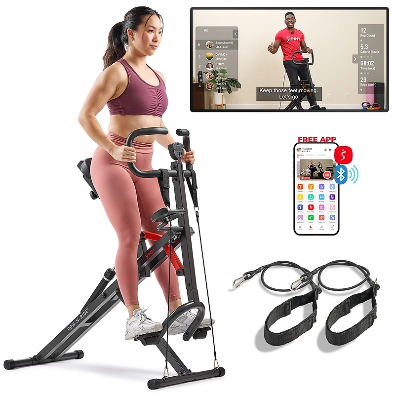 Sunny Health & Fitness Row-n-Ride Pro Assisted Squat Rowing Machine, 300 Lb Capacity Hydraulic Rower w Free SunnyFit App via Bluetooth