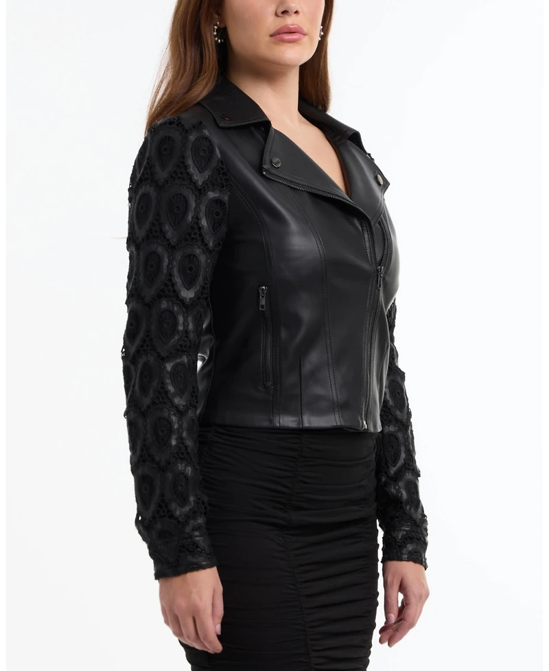 Bebe Women's Leather Embroidered Sleeve Moto Jacket