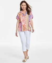 Jm Collection Women's Printed Satin Short-Sleeve Top, Exclusively at Macy's