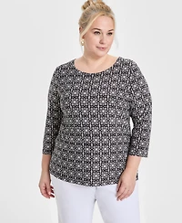 Jm Collection Plus Jacquard Printed 3/4-Sleeve Top, Exclusively at Macy's