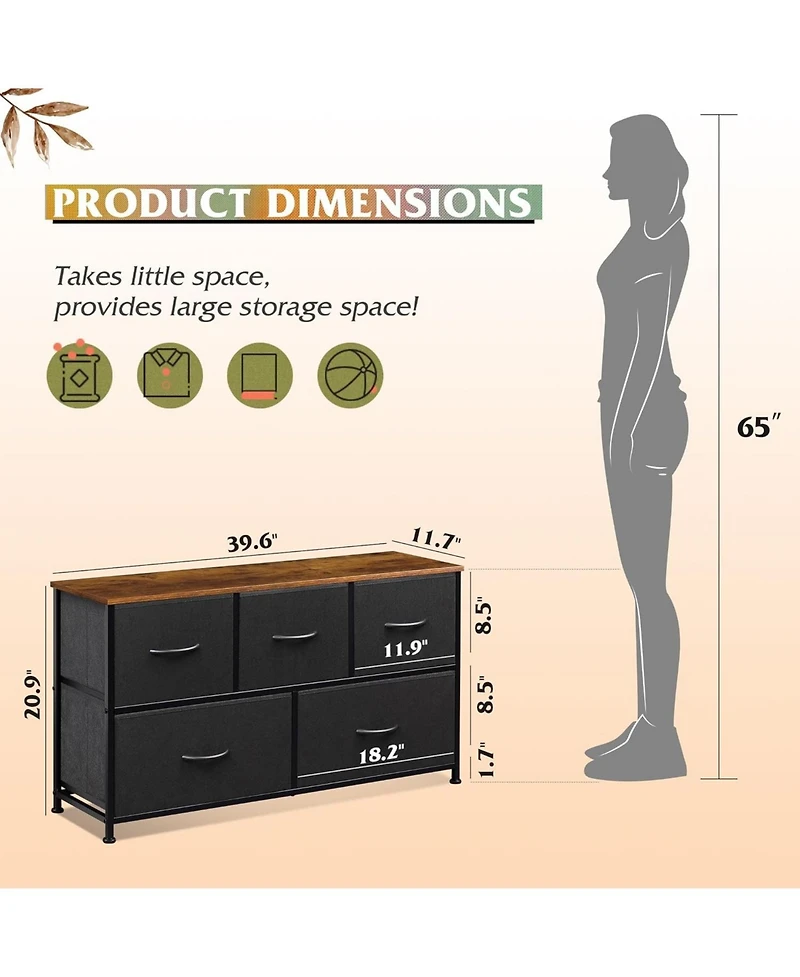 Wlive Dresser for Bedroom with 5 Drawers Wide Chest of Fabric Storage Organizer Unit Bins Closet Living Room Hallway