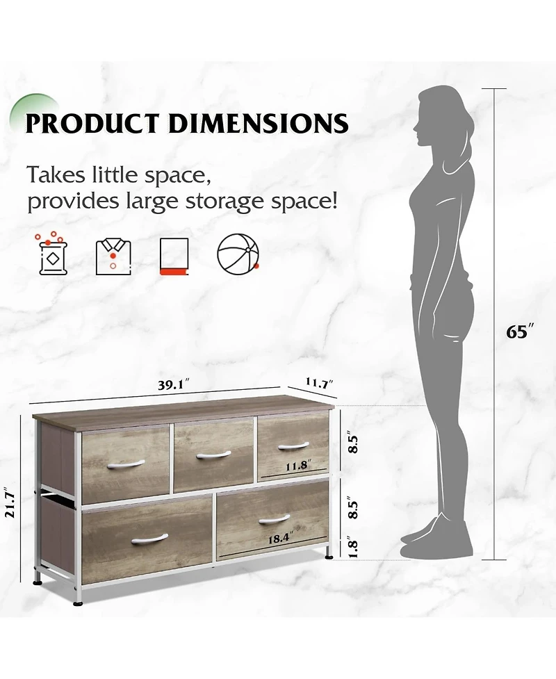 Wlive Dresser for Bedroom with 5 Drawers Wide Chest of Fabric Storage Organizer Unit Bins Closet Living Room Hallway