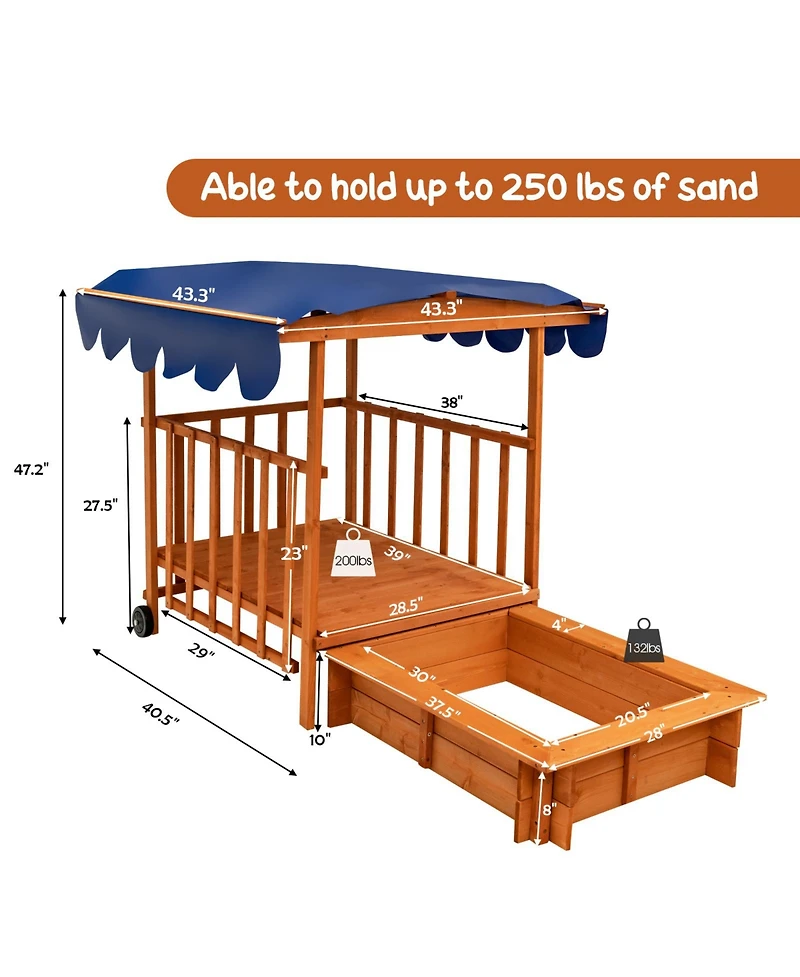 Gouun Kids Outdoor Wooden Retractable Sandbox with Cover and Built-in Wheels