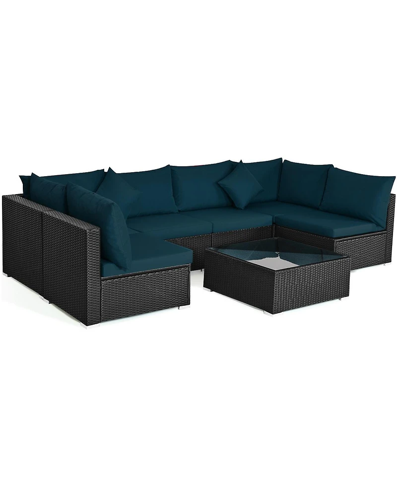 7 Pieces Sectional Wicker Furniture Sofa Set with Tempered Glass Top-Peacock