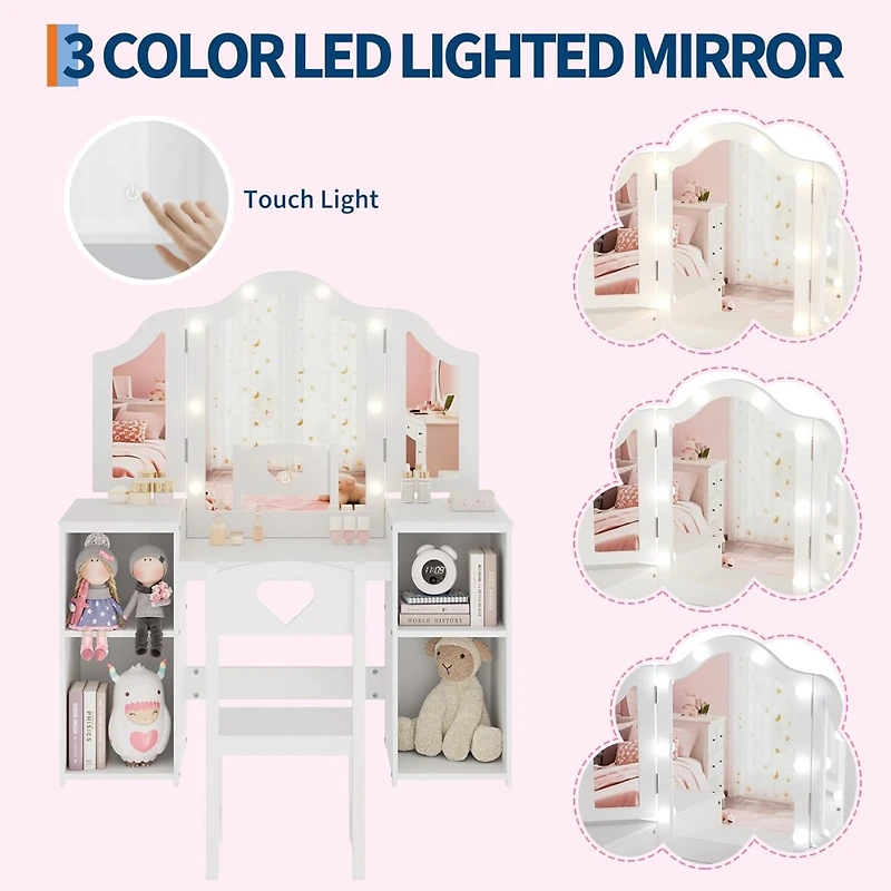 gaomon Kids Vanity Set, 2-in-1 Princess Makeup Table with Tri-Folding Mirror & Drawer, Stool, Toddler Vanity, Pretend Play Set for