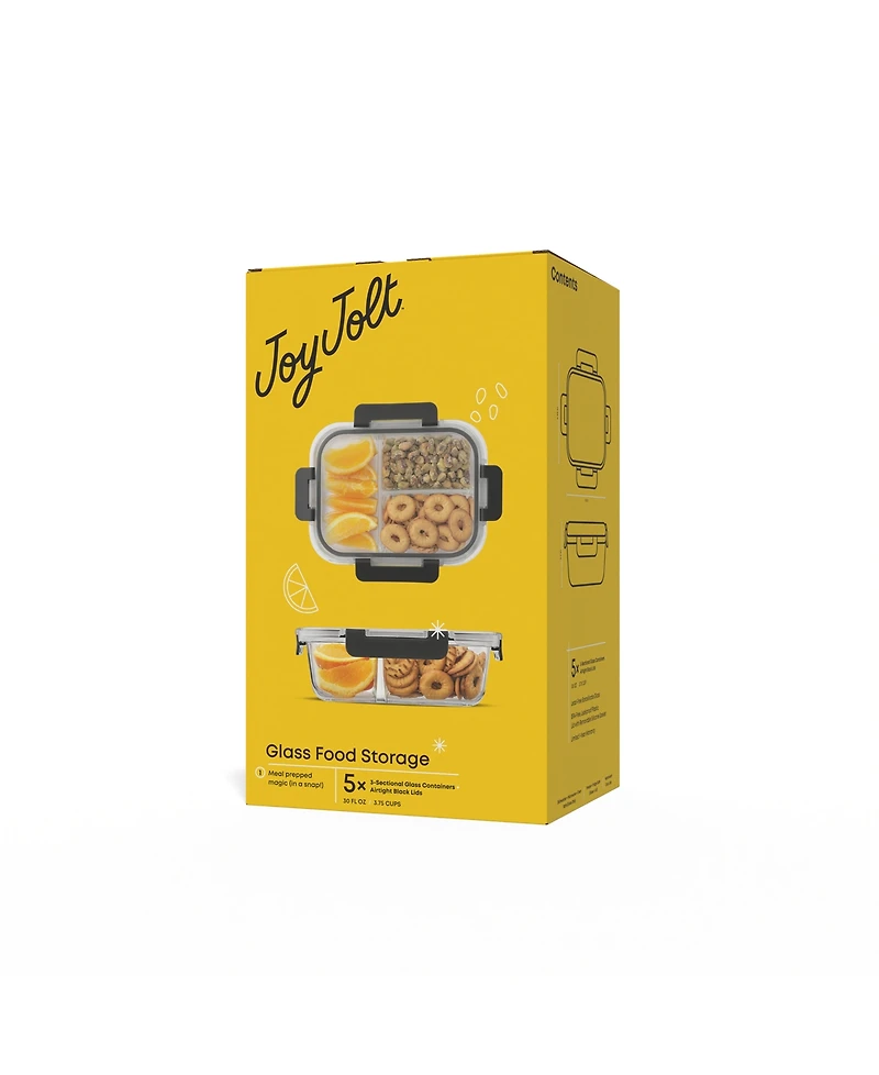 JoyJolt 3-Sectional Set of 5 Glass Food Storage Containers