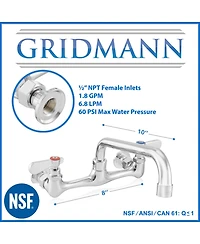 Gridmann Commercial Wall Mount Sink Faucet, 8" Center with 10" Swivel Spout, Nsf, Dual Lever Handles, Brass Construction, Chrome Polished Fi