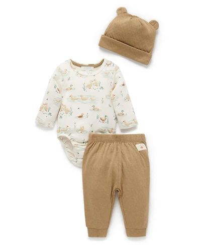 Purebaby Baby Boy and Girl Hat, Bodysuit & Leggings 3 Piece Set