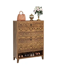Tribesigns Shoe Cabinet with 2 Flip Drawers, Narrow Shoe Storage Organizer for Entryway, Wood Shoe Rack Cabinet with Wooden Legs Adjustable Shelves