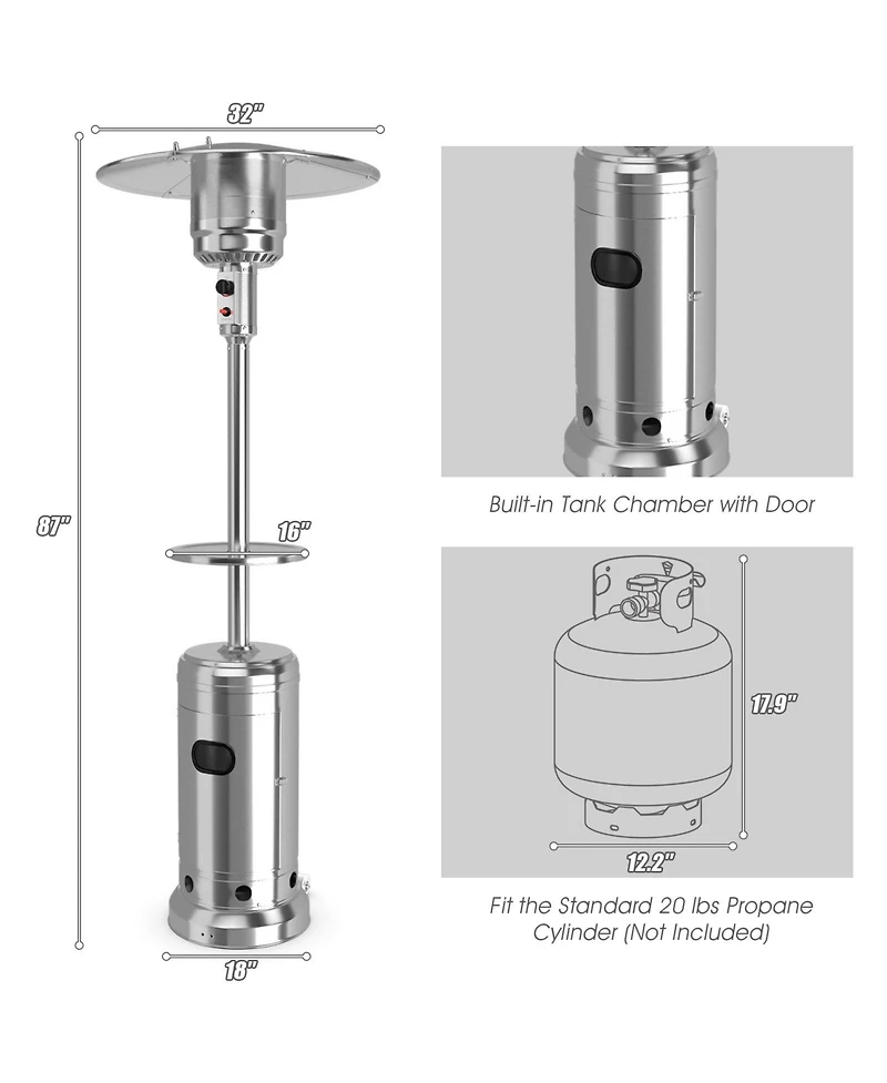 Gouun Outdoor Heater Propane Standing Lp Gas Steel with Table and Wheels