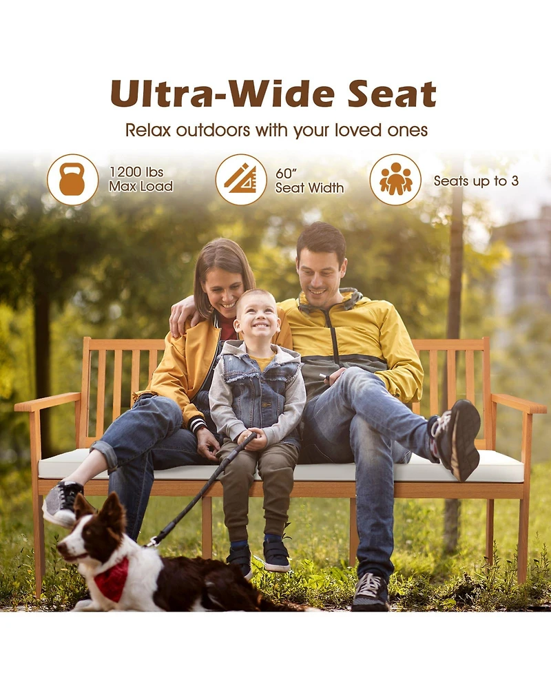 Gouun Outdoor 3-Seat Wood Bench with Seat Cushion and Slatted Seat
