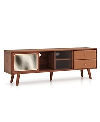 Bamboo Tv Stand Console Table with Pe Rattan Door & 2 Drawers for up to 65''