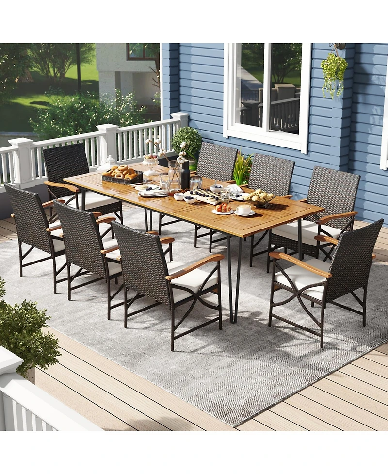 Wicker Patio Furniture Set of 8 Armchairs with Soft Cushions and Acacia Wood Square Table