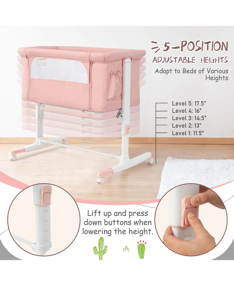 Gouun Portable Baby Bedside Bassinet with 5-level Adjustable Heights and Travel Bag