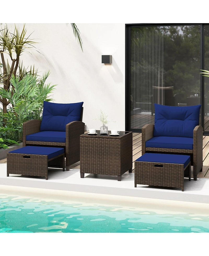 Gouun 5 Pieces Patio Rattan Furniture with 2 Ottomans and Tempered Glass Table