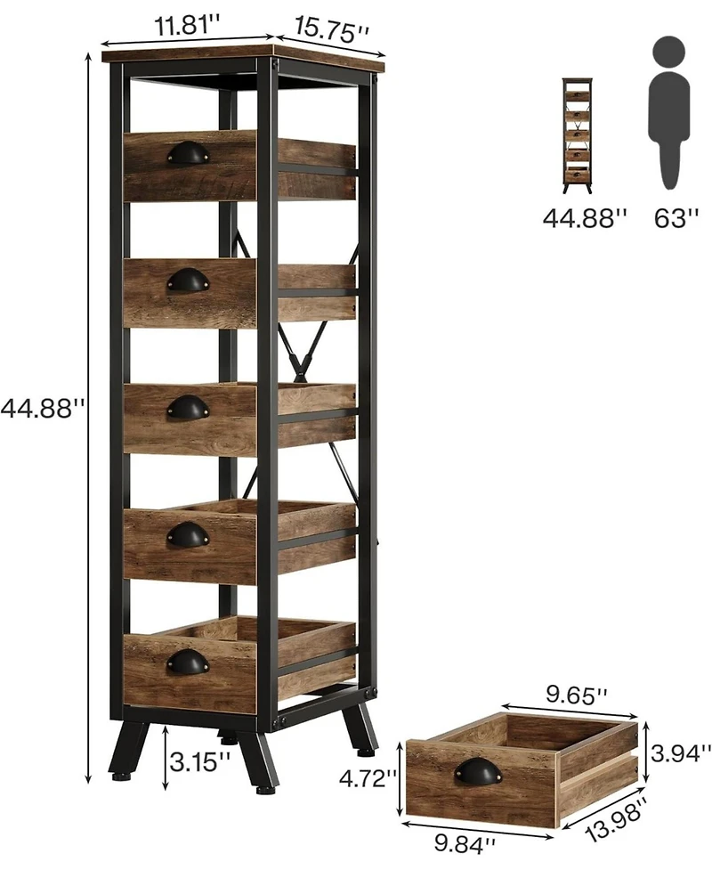 Tribesigns Wood Fruit and Vegetable Storage Rack, 5-Tier Narrow Snack Stand Fruit Basket Kitchen Stand, Pull-Out Utility Organizer for Kitchen, Living