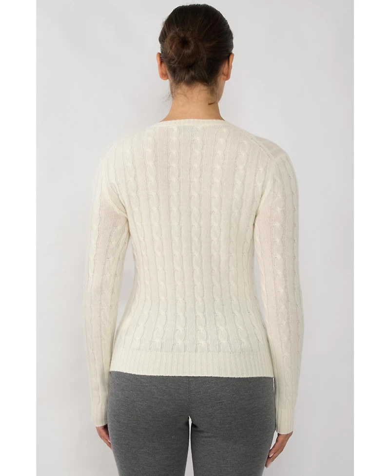 Jennie Liu Women's 100% Cashmere Cable-knit Long Sleeve Pullover V Neck Sweater