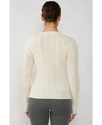 Jennie Liu Women's 100% Cashmere Cable-knit Long Sleeve Pullover V Neck Sweater