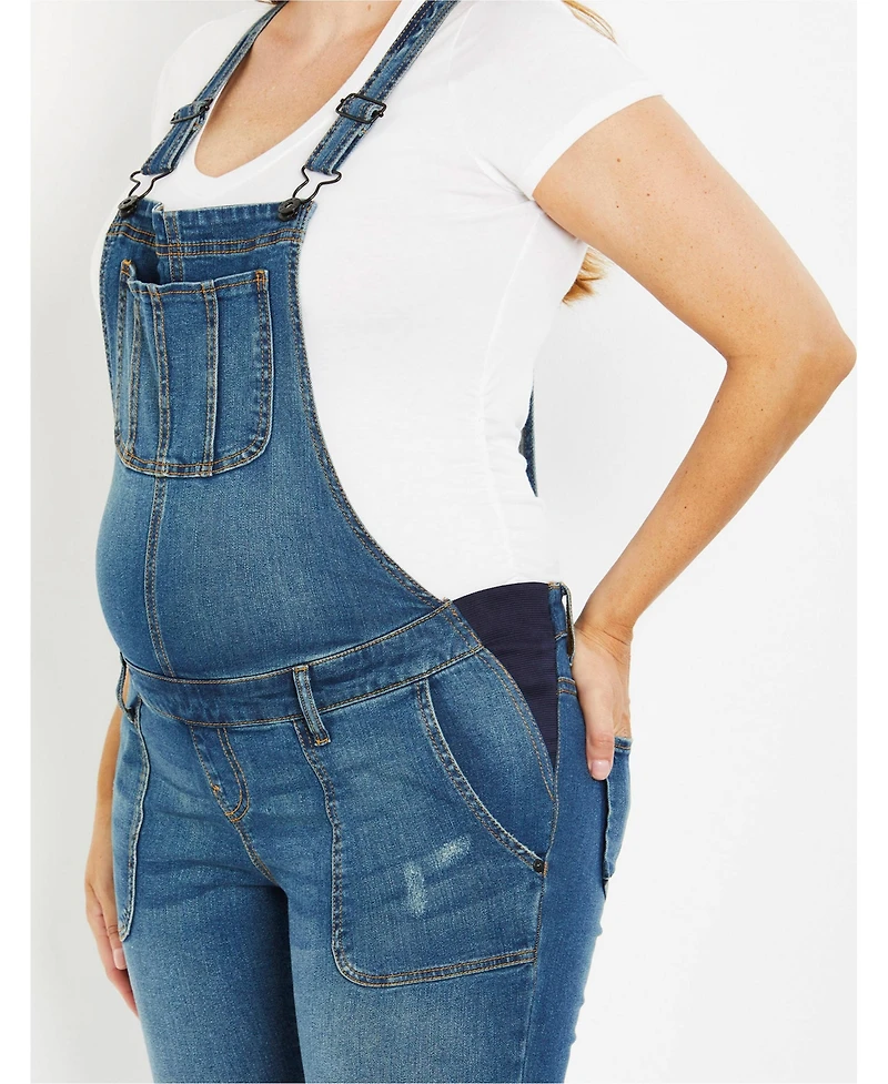 Motherhood Maternity Indigo Blue Side-Panel Letdown Skinny Ankle Denim Overalls 