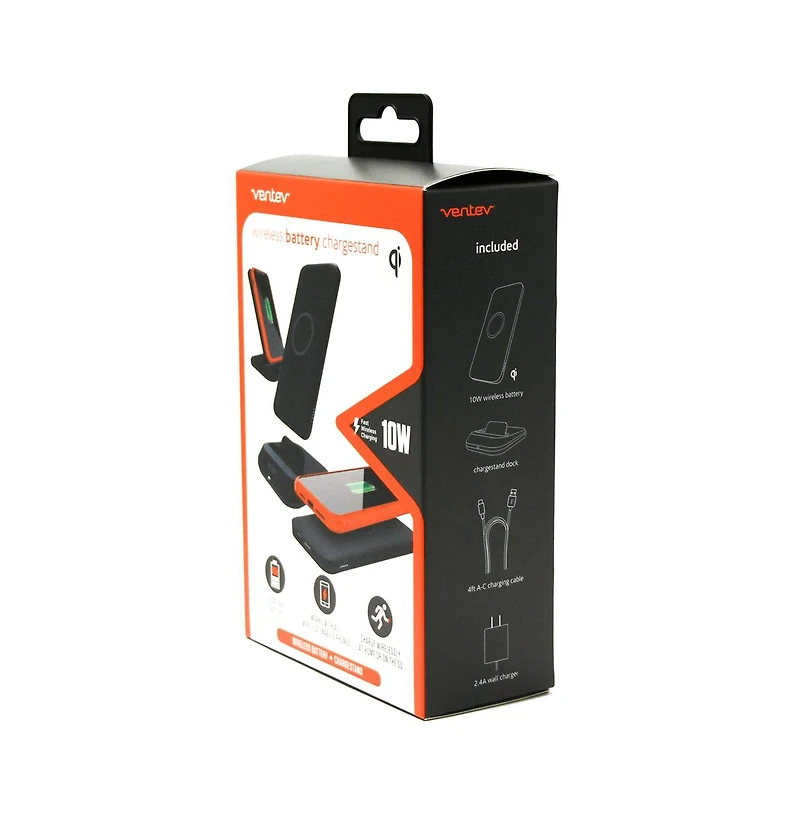 Ventev 10W Ultrafast 2 in 1 Charge Stand and 10k mAh Portable Battery-Black