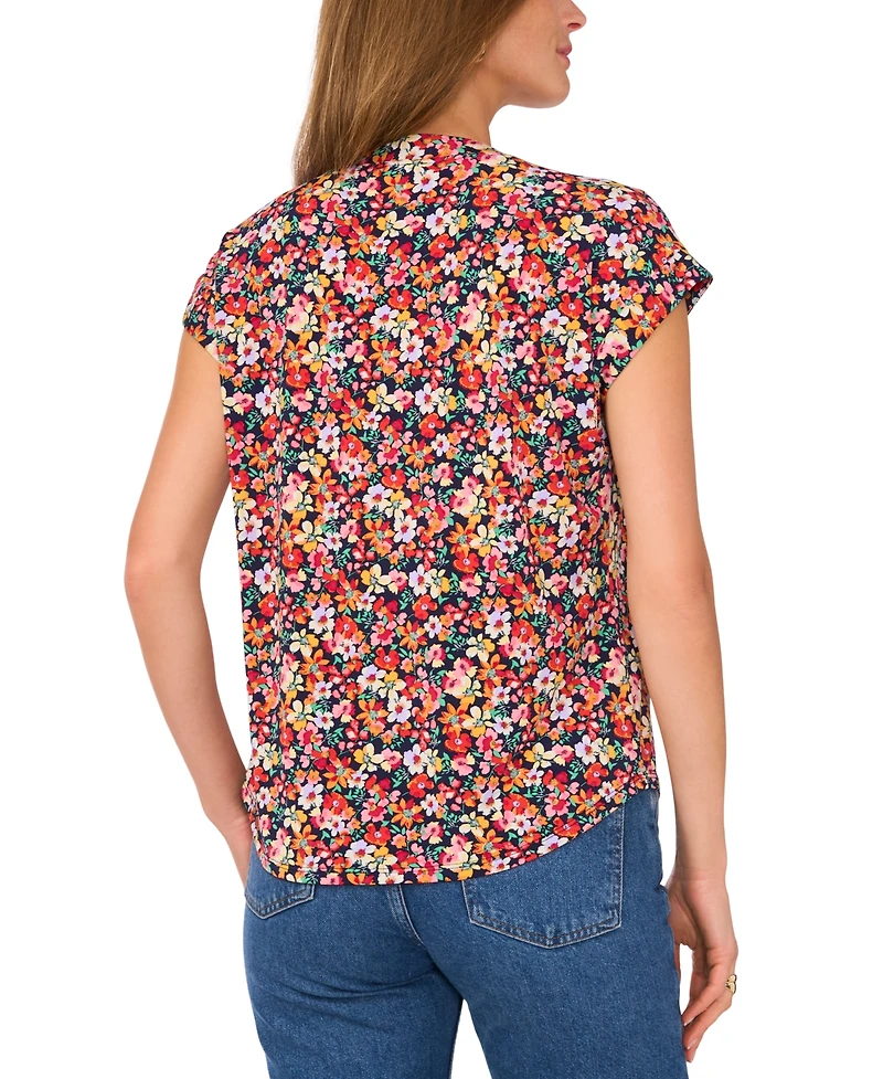 Vince Camuto Women's Floral-Print Split-Neck Cap-Sleeve Top
