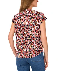 Vince Camuto Women's Floral-Print Split-Neck Cap-Sleeve Top