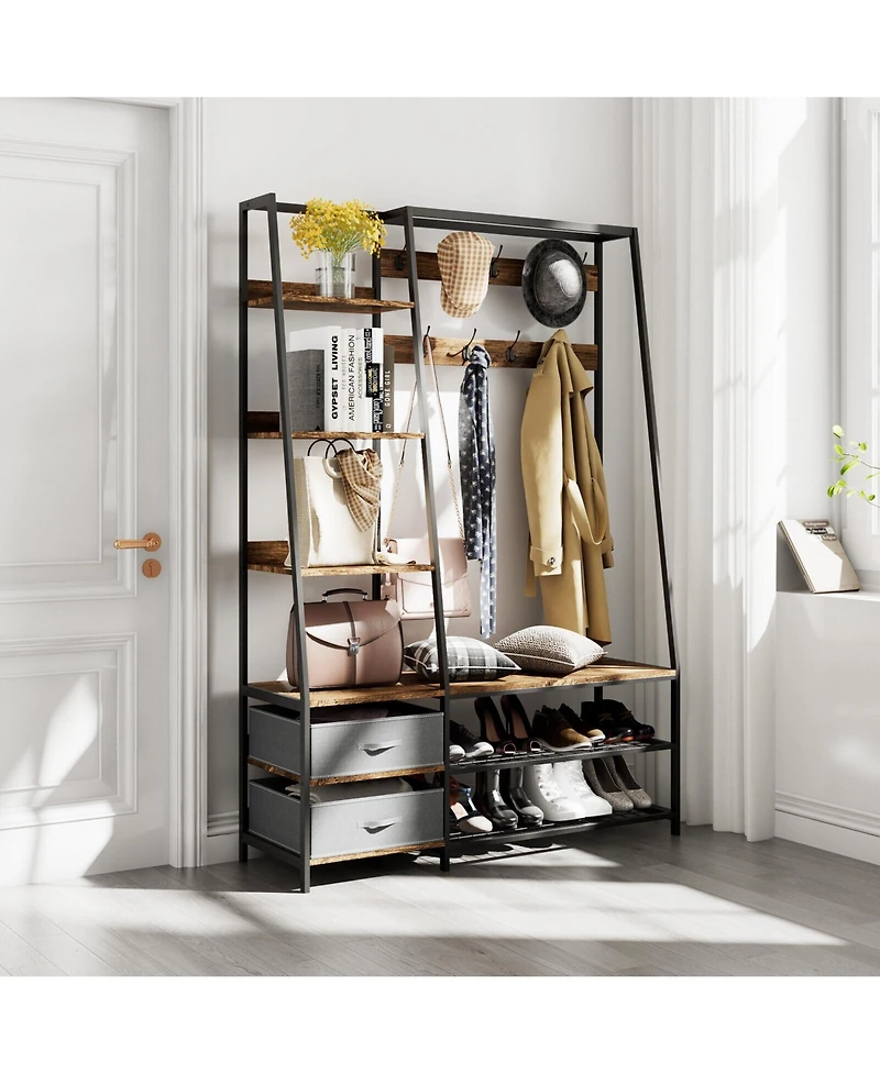 Sugift 6-in-1 Freestanding Hall Tree Coat Rack with Bench and Fabric Dressers