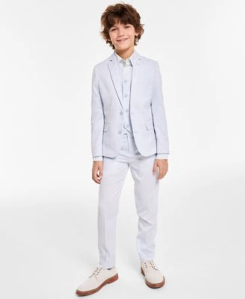 Calvin Klein Big Boys Slim Fit Stretch Ocean Sharkskin Jacket Vest Pants Stretch Floral Print Shirt