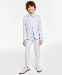 Calvin Klein Big Boys Slim Fit Stretch Ocean Sharkskin Jacket Vest Pants Stretch Floral Print Shirt