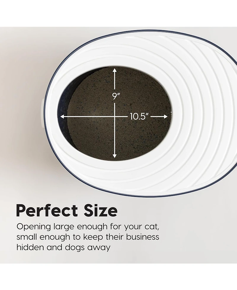 Iris Usa Large Stylish Round Top Entry Cat Litter Box with Scoop, Curved Kitty Litter Pan with Litter Particle Catching, Navy/White